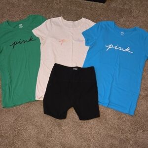 Set of Three Pink Logo T-Shirts and Black Shorts